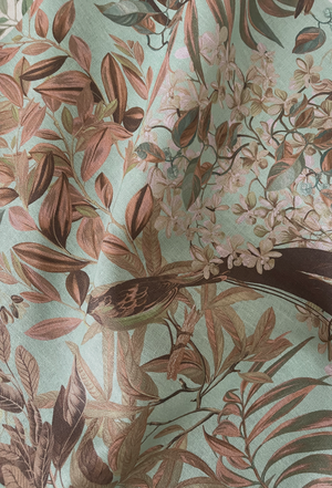 Resplendent Woods linen by Deus ex Gardenia in teal, draped close-up of peacocks and pheasants in trees