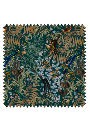 Resplendent Woods velvet by Deus ex Gardenia in dark green, full repeat of peacocks and pheasants in trees