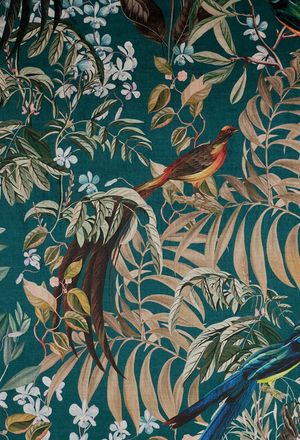 Resplendent Woods velvet by Deus ex Gardenia in dark green, draped close-up of peacocks and pheasants in trees