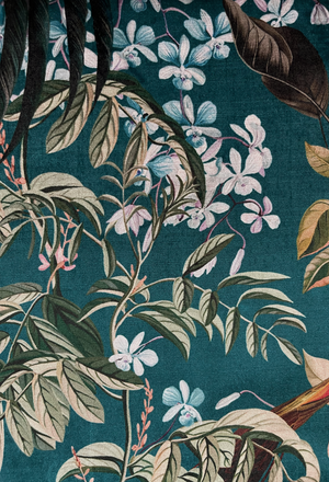 Resplendent Woods velvet by Deus ex Gardenia in dark green, in soft folds showing peacocks and pheasants in trees