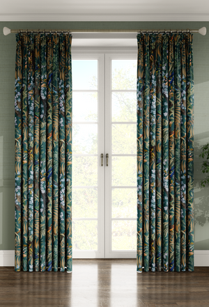 Resplendent Woods linen by Deus ex Gardenia in dark green, peacocks and pheasants in trees made into curtains