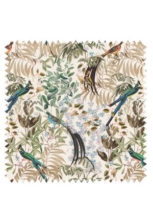 Resplendent Woods velvet by Deus ex Gardenia in cream, flat sample of peacocks and pheasants in trees