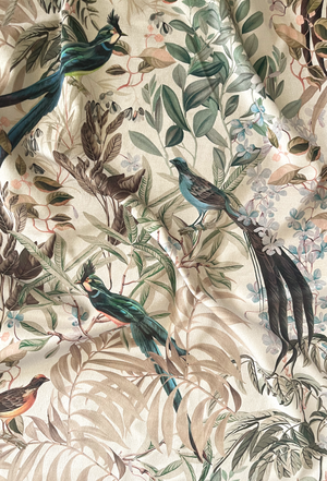Resplendent Woods velvet by Deus ex Gardenia in cream, draped, showing peacocks and pheasants in trees