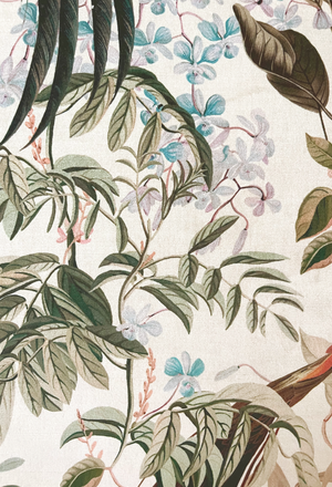Resplendent Woods velvet by Deus ex Gardenia in cream, in soft folds showing peacocks and pheasants in trees