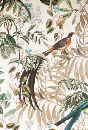 Resplendent Woods velvet by Deus ex Gardenia in cream, draped close-up of peacocks and pheasants in trees