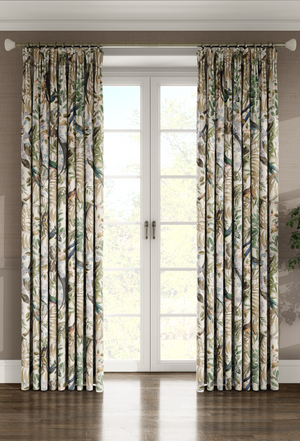 Resplendent Woods linen by Deus ex Gardenia in cream, peacocks and pheasants in trees as lined curtains