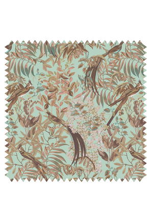 Resplendent Woods velvet by Deus ex Gardenia in teal, pattern sample of peacocks and pheasants in trees