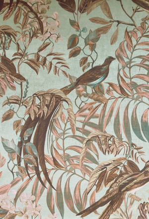 Resplendent Woods velvet by Deus ex Gardenia in teal, draped close-up of peacocks and pheasants in trees