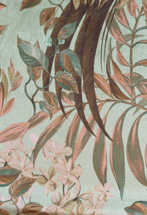 Resplendent Woods velvet by Deus ex Gardenia in teal, in soft folds showing peacocks and pheasants in trees