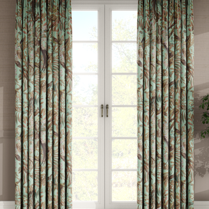 Resplendent Woods linen by Deus ex Gardenia in teal, peacocks and pheasants in trees made into curtains