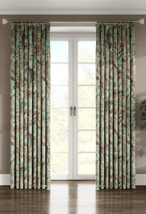Resplendent Woods linen by Deus ex Gardenia in teal, peacocks and pheasants in trees made into curtains