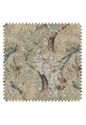 Resplendent Woods velvet by Deus ex Gardenia in sage green, full repeat of peacocks and pheasants in trees