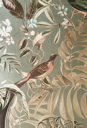 Resplendent Woods velvet by Deus ex Gardenia in sage green, draped close-up of peacocks and pheasants in trees