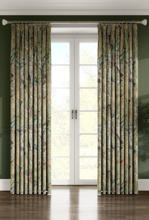Resplendent Woods linen by Deus ex Gardenia in sage green, peacocks and pheasants in trees hung as curtains