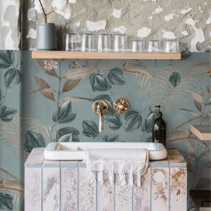 Wild Ivy wallpaper by Deus ex Gardenia in teal, climbing ivy in a bathroom