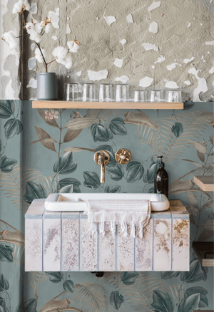 Wild Ivy wallpaper by Deus ex Gardenia in teal, climbing ivy in a bathroom