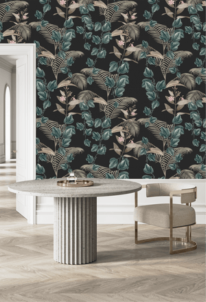 Wild Ivy wallpaper by Deus ex Gardenia in navy, climbing ivy in a dining area