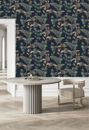 Wild Ivy wallpaper by Deus ex Gardenia in navy, climbing ivy behind a dining table