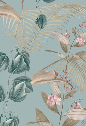 Wild Ivy wallpaper by Deus ex Gardenia in teal, pattern sample of climbing ivy