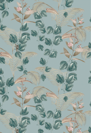 Wild Ivy wallpaper by Deus ex Gardenia in teal, flat sample of climbing ivy