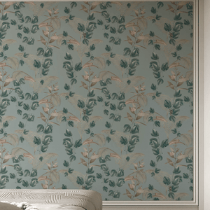 Wild Ivy wallpaper by Deus ex Gardenia in teal, climbing ivy in a bedroom