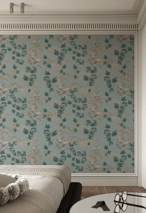 Wild Ivy wallpaper by Deus ex Gardenia in teal, climbing ivy in a bedroom