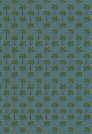 Little Palma wallpaper by Deus ex Gardenia in dark green, pattern sample of rows of palm trees
