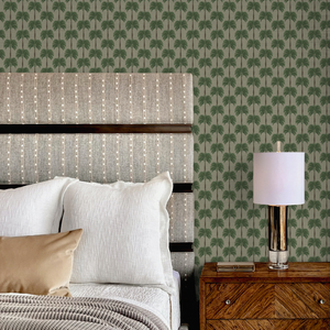 Little Palma wallpaper by Deus ex Gardenia in beige and green, rows of palm trees in a bedroom