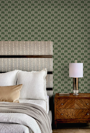 Little Palma wallpaper by Deus ex Gardenia in beige and green, rows of palm trees in a bedroom