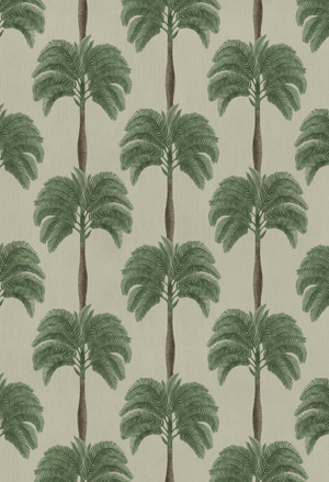 Little Palma wallpaper by Deus ex Gardenia in beige and green, flat sample of rows of palm trees
