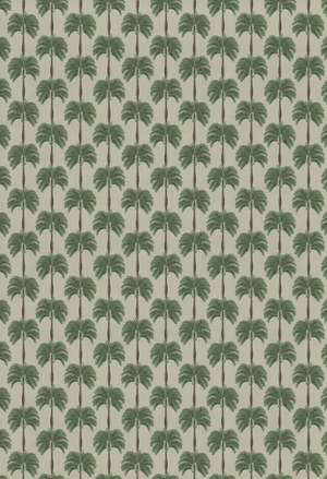 Little Palma wallpaper by Deus ex Gardenia in beige and green, full repeat of rows of palm trees