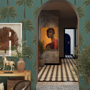 Palma wallpaper by Deus ex Gardenia in teal, tall palm trees in a hallway