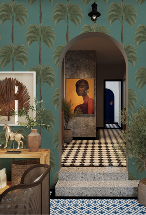 Palma wallpaper by Deus ex Gardenia in teal, tall palm trees in a hallway