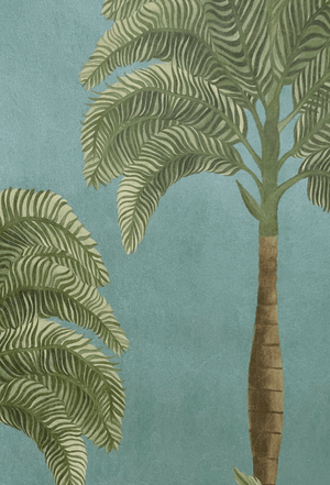 Palma wallpaper by Deus ex Gardenia in teal, pattern sample of tall palm trees