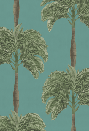 Palma wallpaper by Deus ex Gardenia in teal, flat sample of tall palm trees