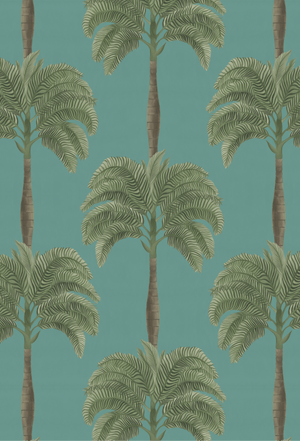 Palma wallpaper by Deus ex Gardenia in teal, full repeat of tall palm trees