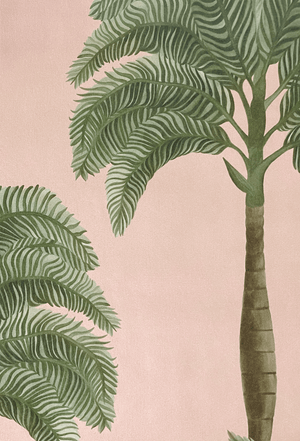 Palma wallpaper by Deus ex Gardenia in pink and green, flat sample of tall palm trees