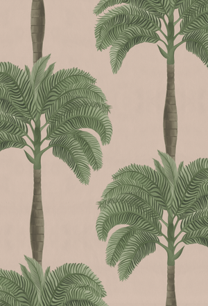Palma wallpaper by Deus ex Gardenia in pink and green, full repeat of tall palm trees
