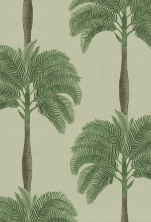 Palma wallpaper by Deus ex Gardenia in beige and green, flat sample of tall palm trees