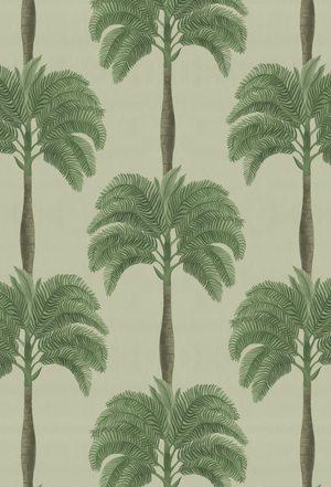 Palma wallpaper by Deus ex Gardenia in beige and green, full repeat of tall palm trees