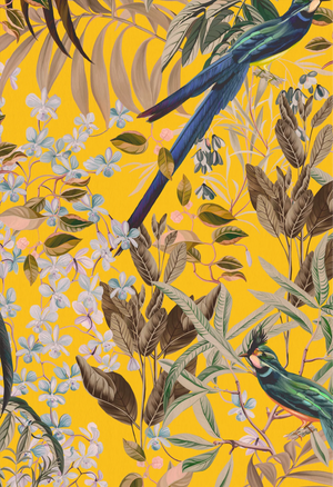 Resplendent Woods in India superwide wallpaper by Deus ex Gardenia in yellow, pattern sample of parrots in tropical branches