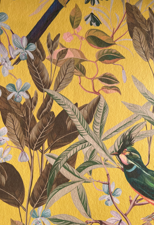 Resplendent Woods in India wallpaper by Deus ex Gardenia in yellow, flat sample of parrots in tropical branches