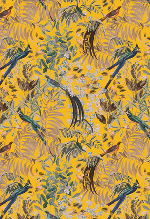 Resplendent Woods in India wallpaper by Deus ex Gardenia in yellow, full repeat of parrots in tropical branches