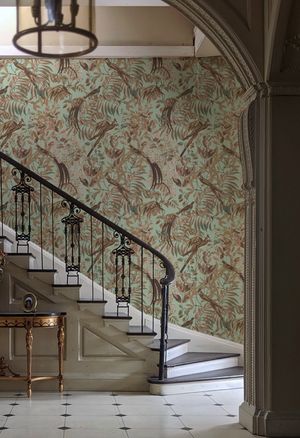 Resplendent Woods wallpaper by Deus ex Gardenia in teal, peacocks and pheasants in trees in a hallway