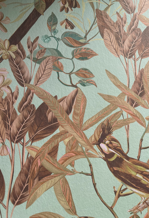 Resplendent Woods wallpaper by Deus ex Gardenia in teal, flat sample of peacocks and pheasants in trees