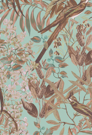Resplendent Woods wallpaper by Deus ex Gardenia in teal, full repeat of peacocks and pheasants in trees