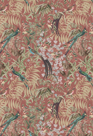 Resplendent Woods wallpaper by Deus ex Gardenia in terracotta, pattern sample of peacocks and pheasants in trees