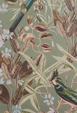 Resplendent Woods superwide wallpaper by Deus ex Gardenia in dark green, flat sample (alternate view)