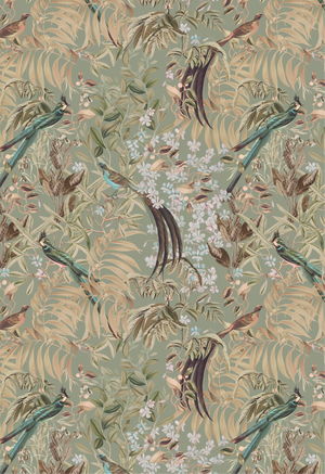 Resplendent Woods wallpaper by Deus ex Gardenia in sage green, full repeat of peacocks and pheasants in trees