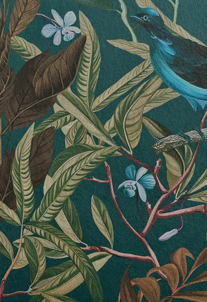 Resplendent Woods superwide wallpaper by Deus ex Gardenia in dark green, close-up of peacocks and pheasants in trees